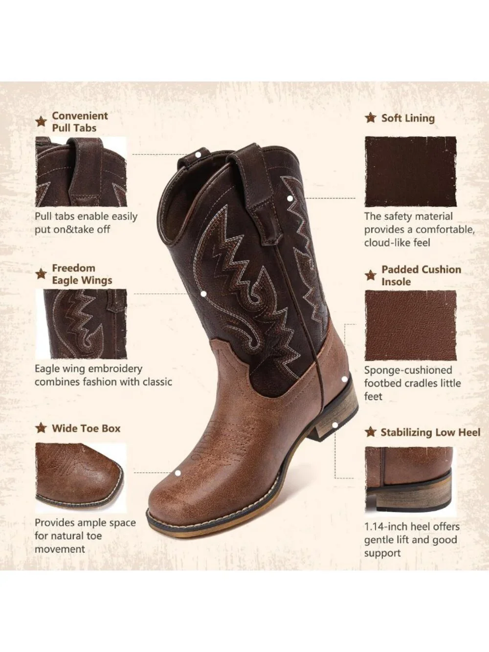Stylish Kids Cowboy Boots - Western Cowgirl & Cowboy, Pull-On, Square Toe
